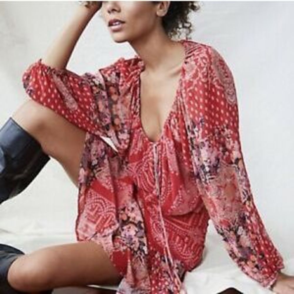 Free People  Seven Wonders Printed Mini Dress in Red